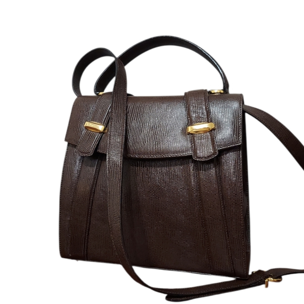 Salvatore Ferragamo Vintage Lizard Embossed Leather Top Handle Satchel Like New